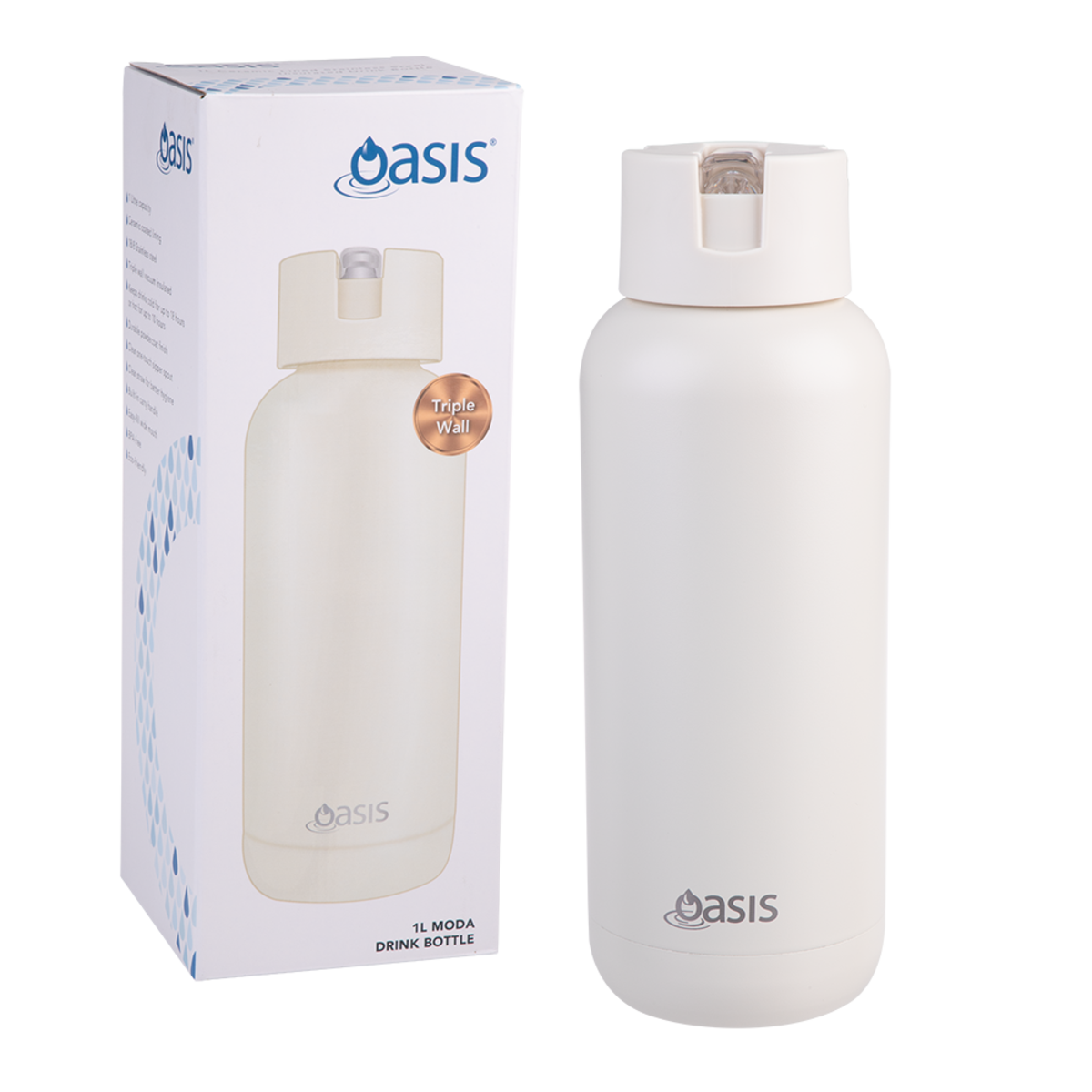 Oasis Ceramic Lined Stainless Steel Triple Wall Insulated Bottle 1L Moda Alablaster