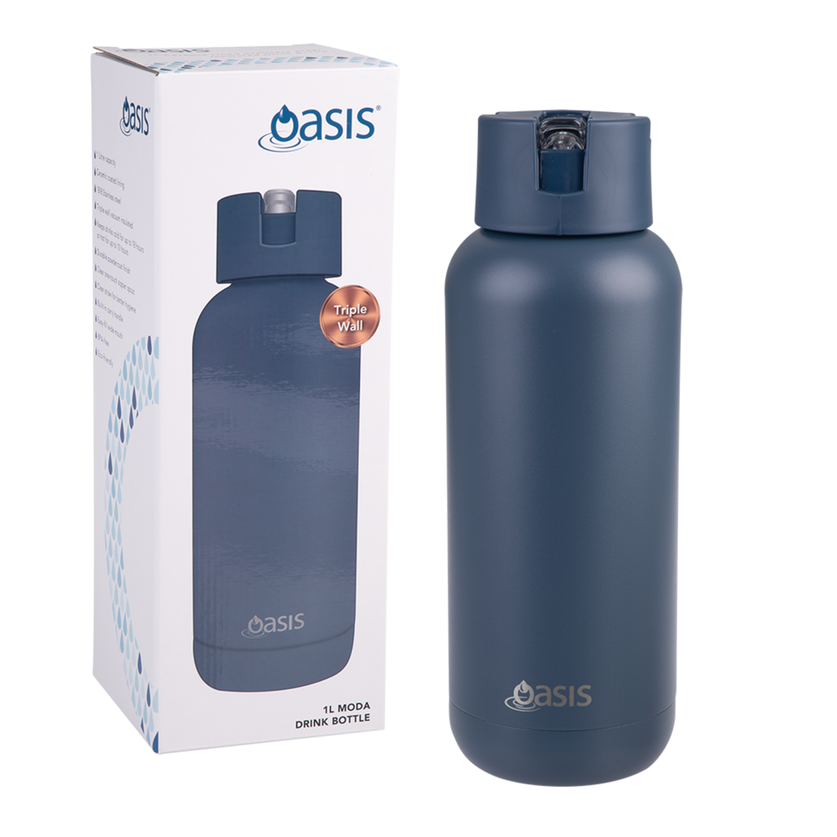Oasis Ceramic Lined Stainless Steel Triple Wall Insulated Bottle 1L Indigo