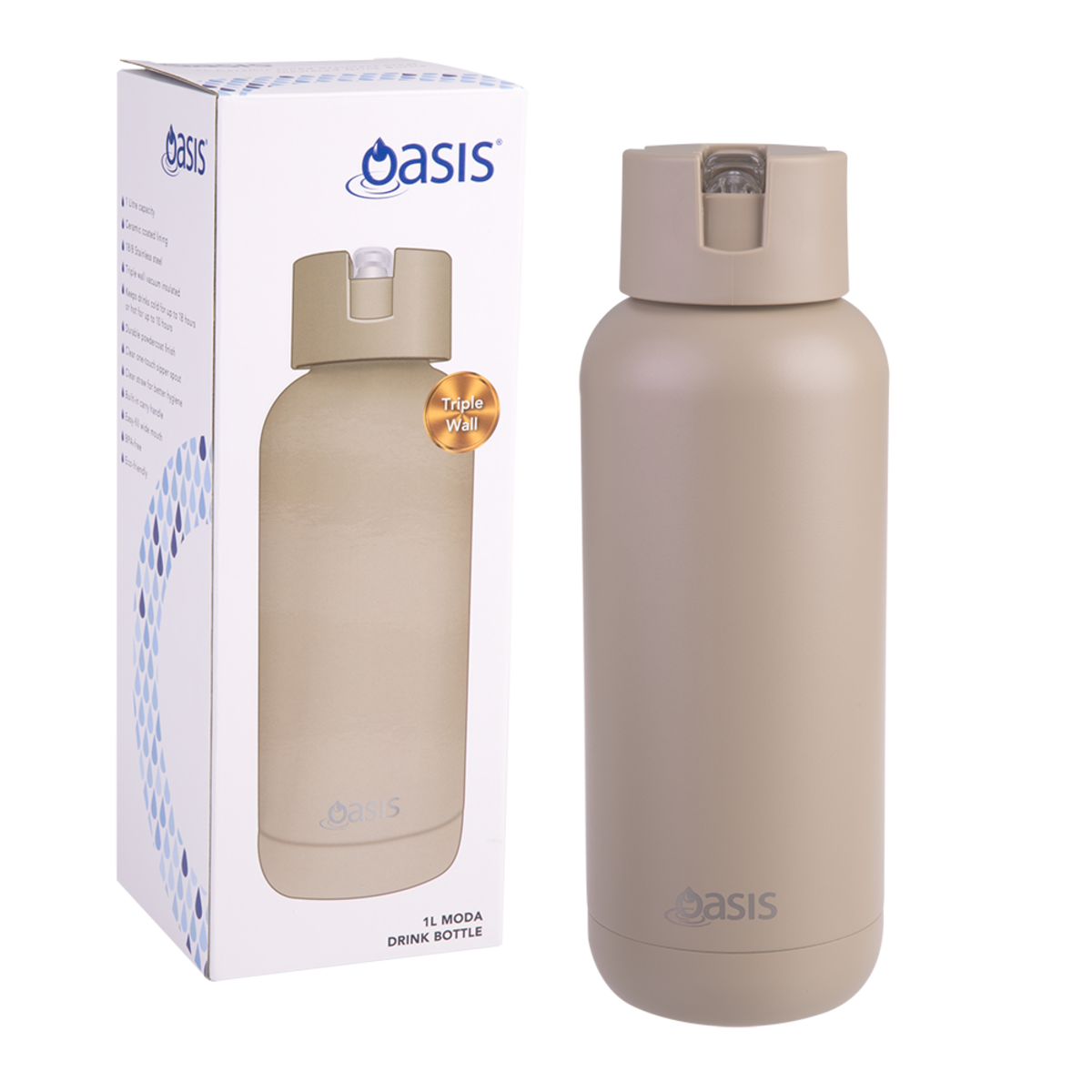 Oasis Ceramic Lined Stainless Steel Triple Wall Insulated Bottle 1L Latte