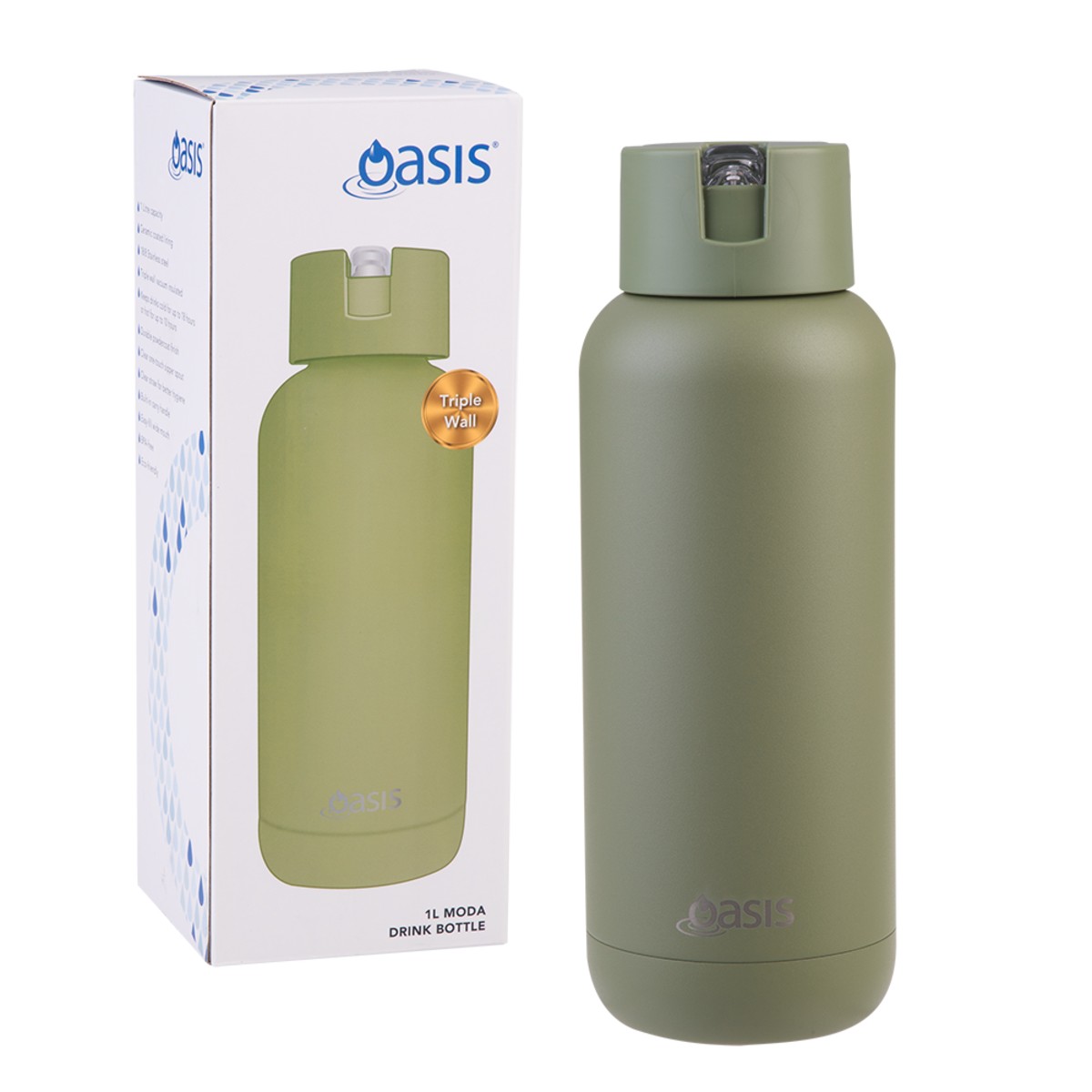 Oasis Ceramic Lined Stainless Steel Triple Wall Insulated Bottle 1L Olive Green