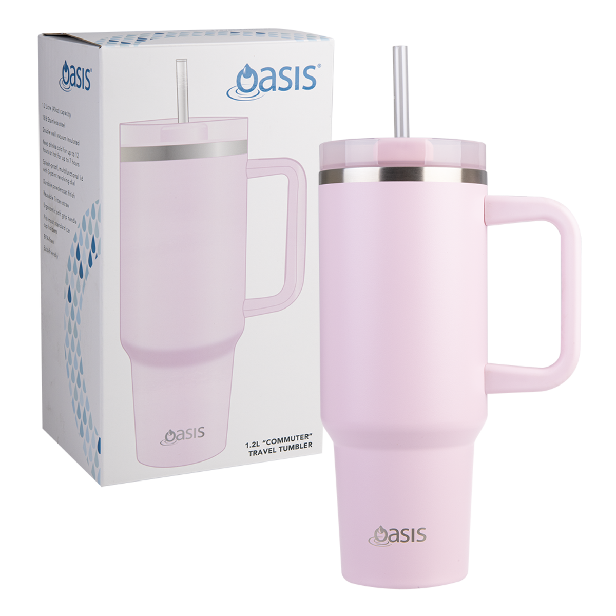Oasis Stainless Steel Double Wall Insulated Commuter Travel Tumbler 1.2L Pink Lemonade