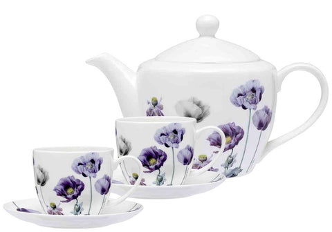 Ashdene Purple Poppies Teapot & 2 teacup set